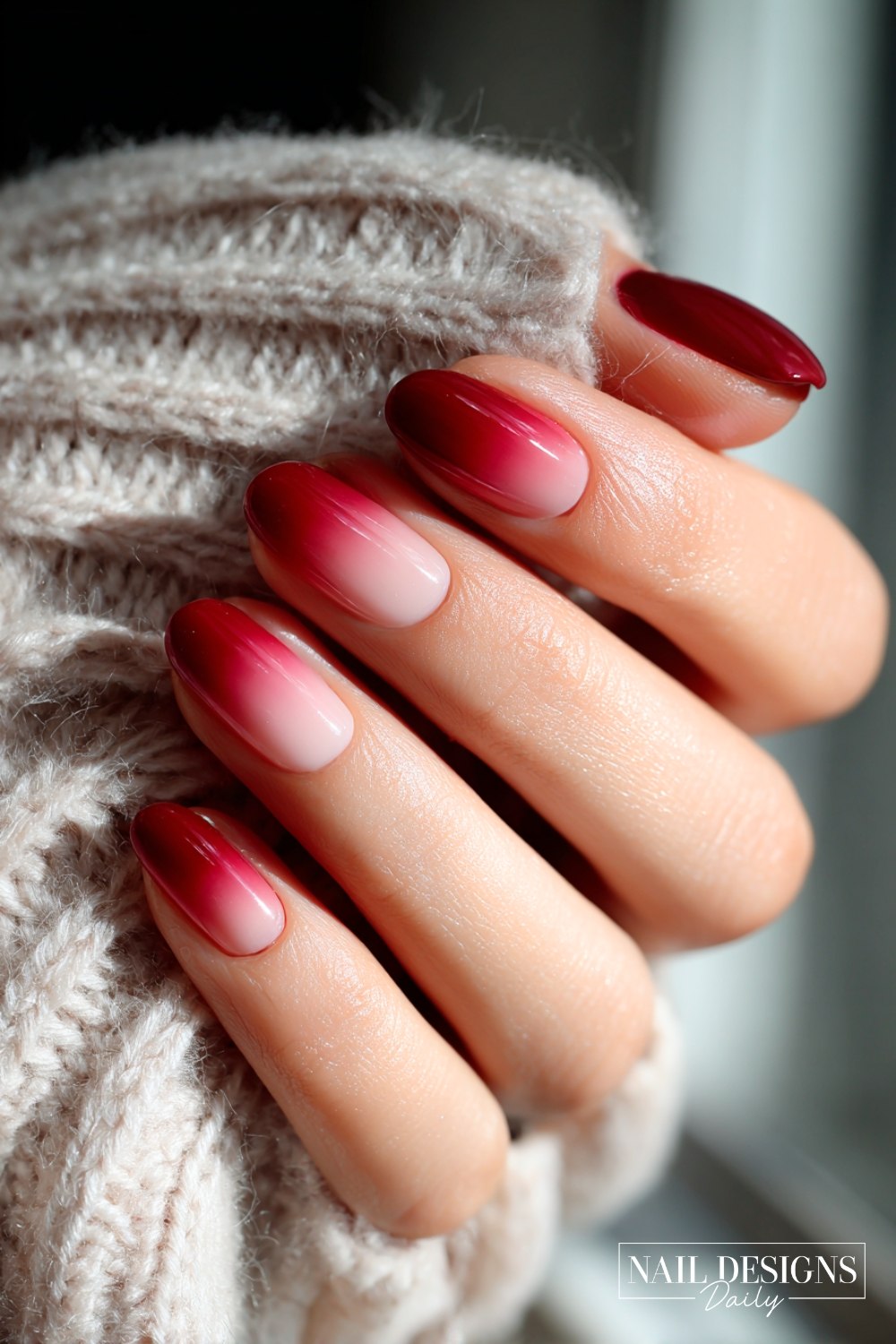 Berry ombre fade manicure on almond nails.
