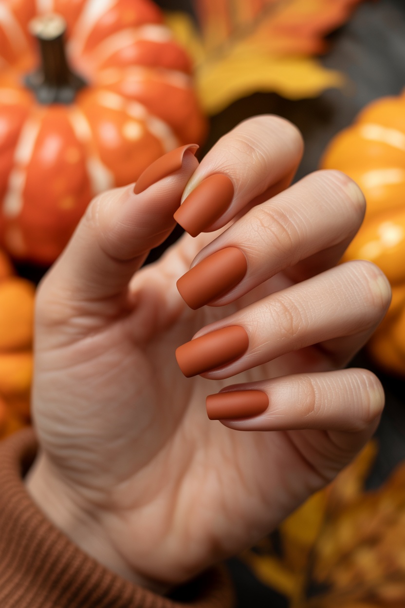 Square-shaped nails in matte pumpkin spice color, ideal for autumn festivities