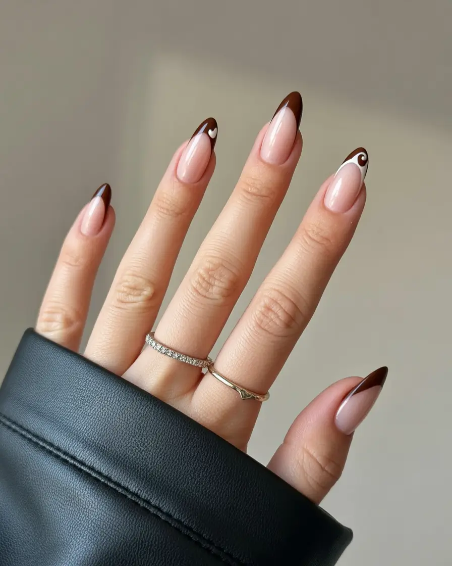 Almond-shaped nails with mocha French tips, featuring a unique twist design for sophisticated fall looks