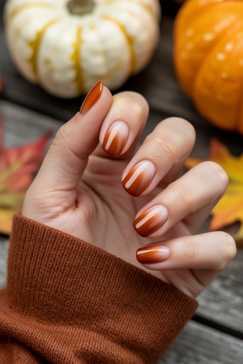 Short, square-shaped nails with rustic orange and nude stripes, embodying the fall season