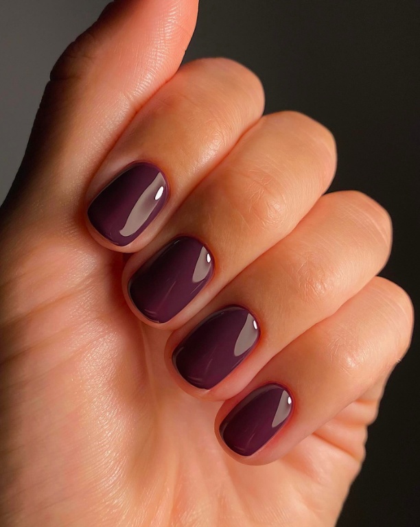 Short, round-shaped nails in deep plum color, offering a sophisticated fall look
