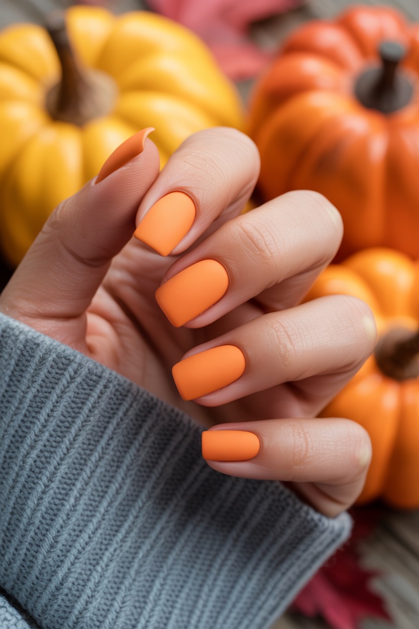 Matte pumpkin-colored nails, short square shape, fall festive