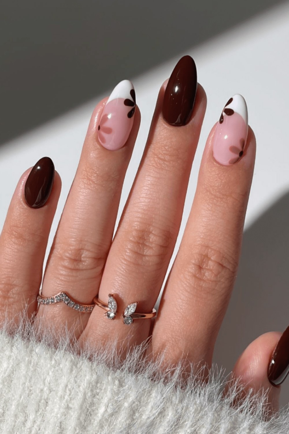 Floral and chocolate almond nails, playful fall design
