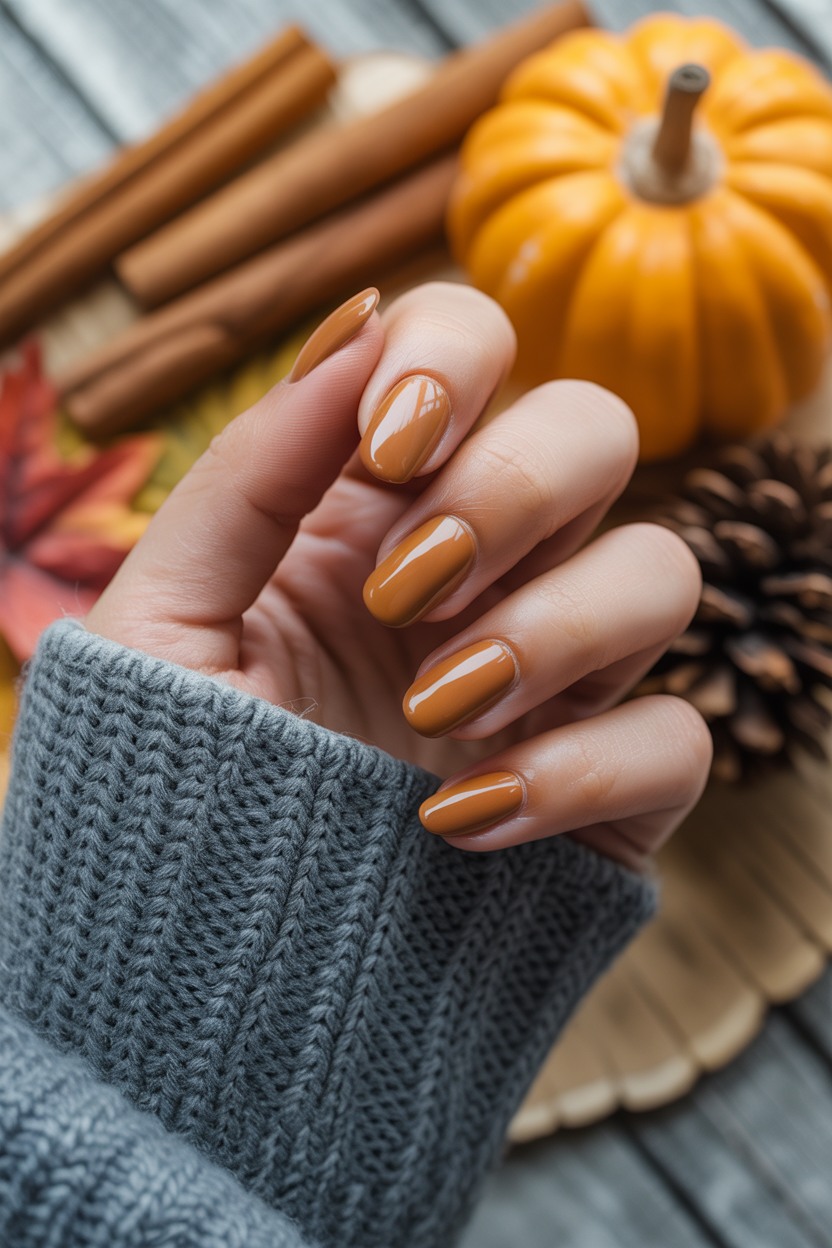 Pumpkin spice nails, medium almond shape