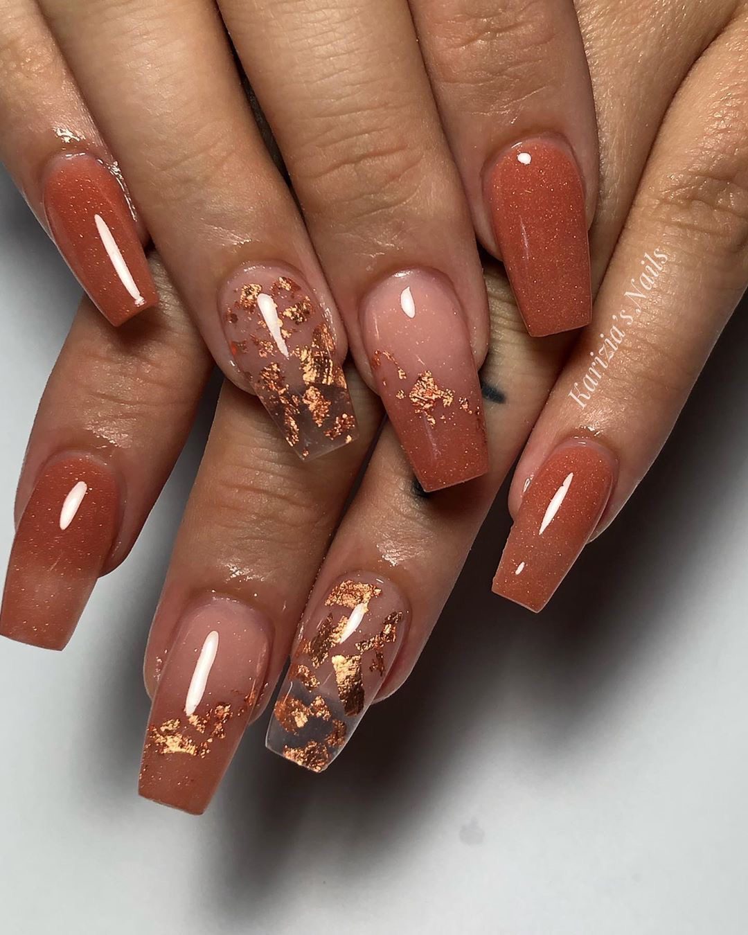 Copper nails with leafy accents, square shape