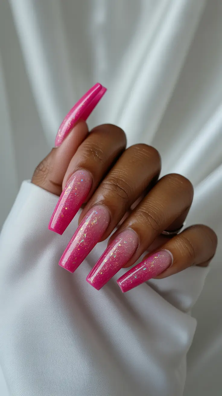 Long coffin pink glitter ombre nails