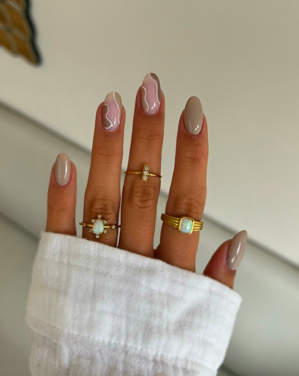 Neutral swirl nails, almond shape, minimalist style