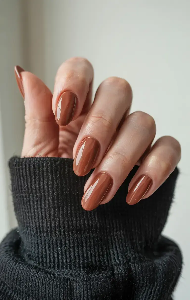 Glossy cocoa nails, almond shape, elegant fall style