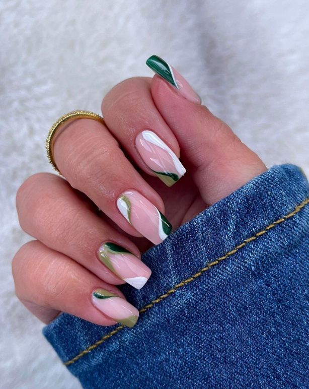 Square nails with green and nude abstract design