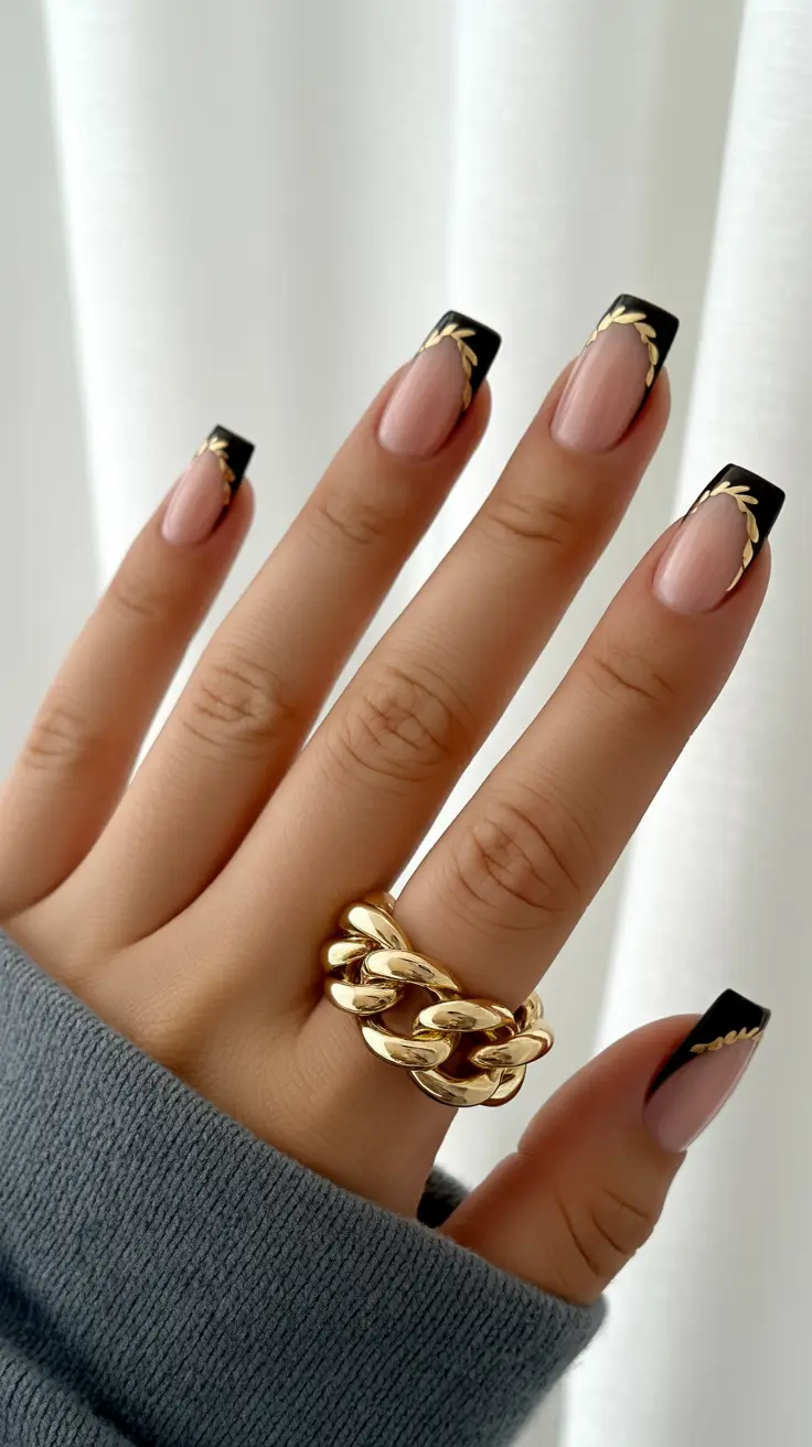 Almond nails with black and gold leaf accents