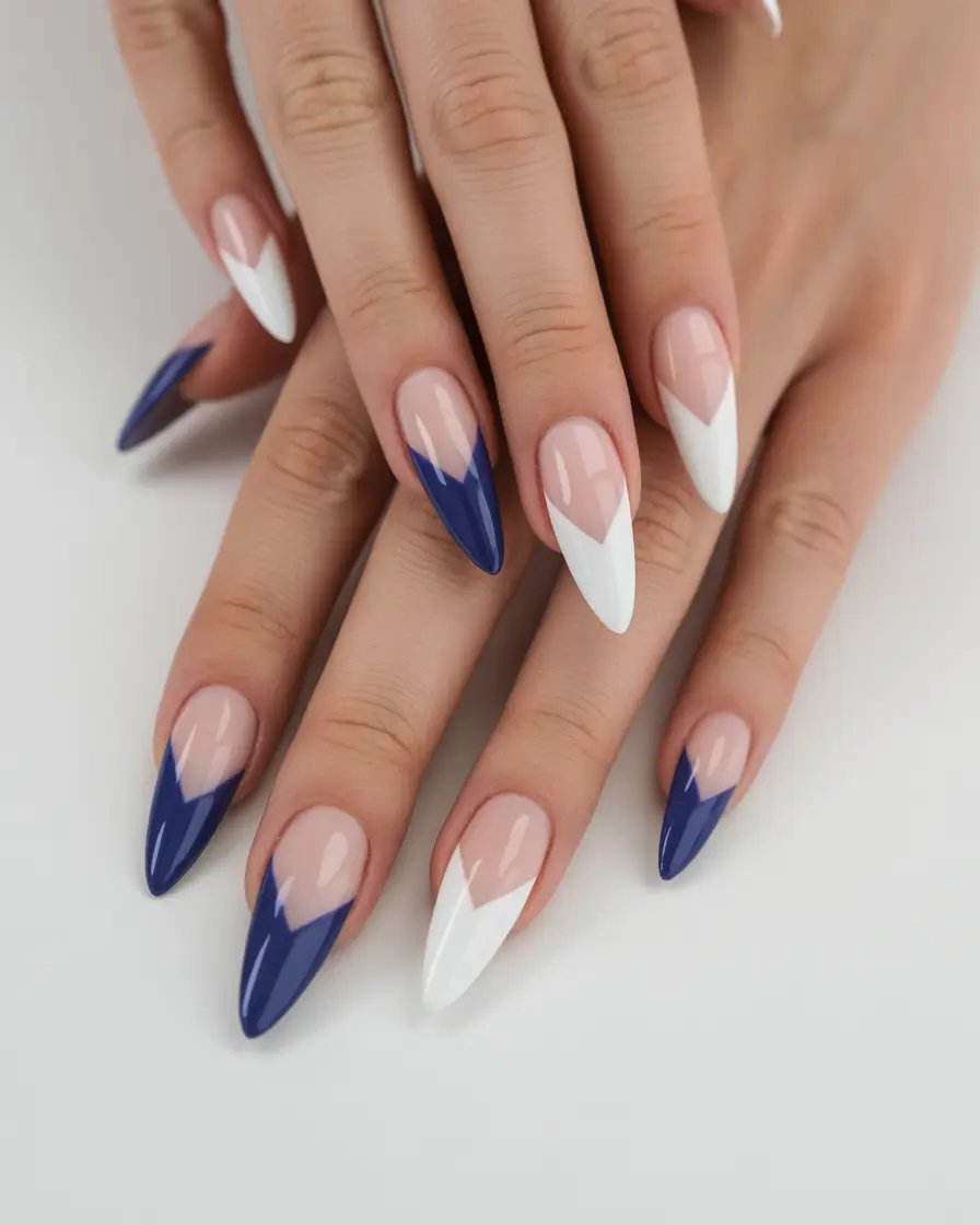 Stiletto nails with blue and white color-blocking