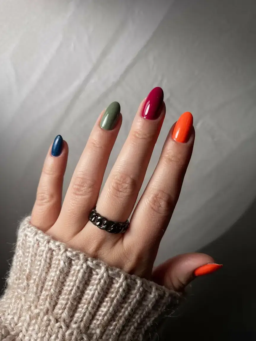 Multicolor nails, almond shape, vibrant fall palette