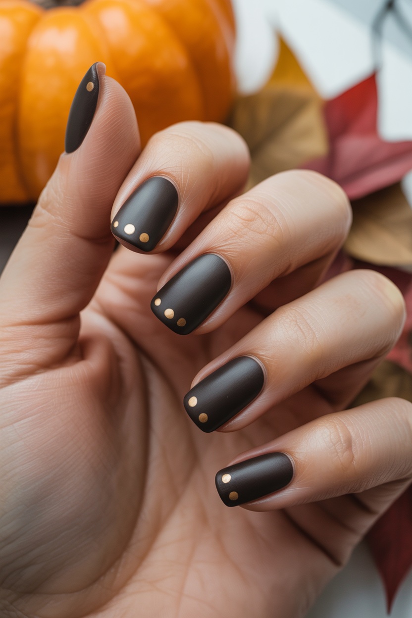 Matte chocolate nails with gold dots, square shape