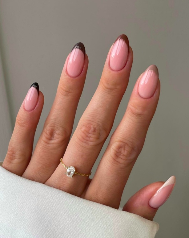 Chocolate French nails, almond shape, modern twist