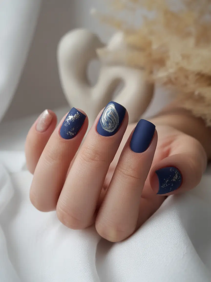 Matte midnight blue nails with silver accents