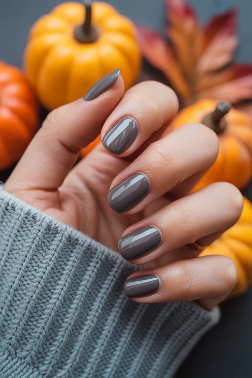 Glossy gray nails, short oval shape