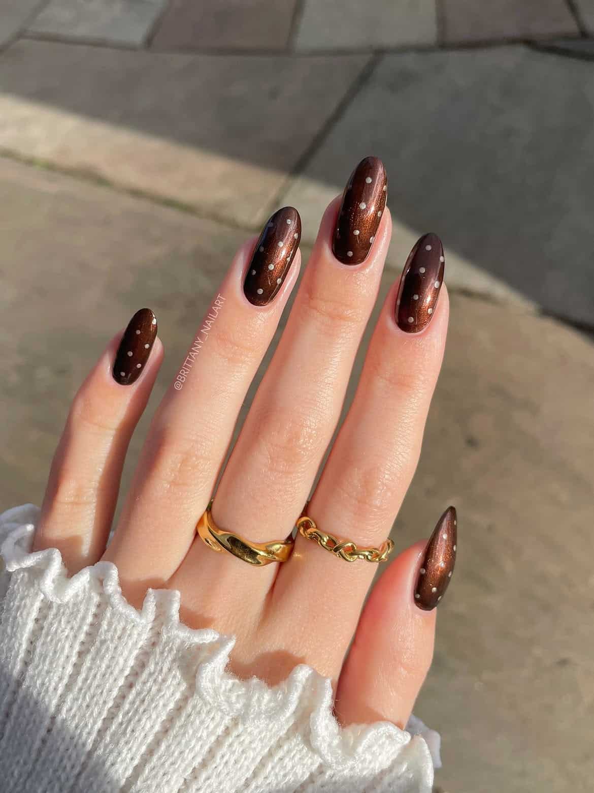 Chocolate nails with starry sheen, almond shape