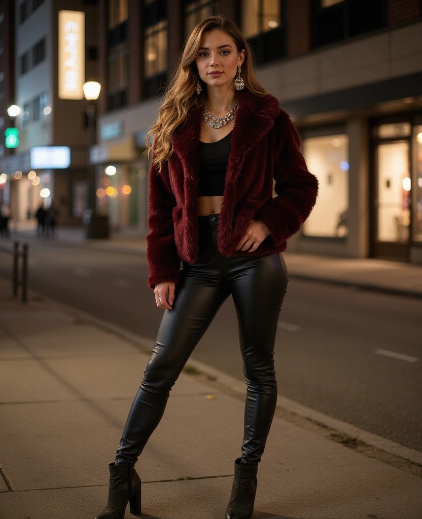 Faux fur jacket with leather pants and boots