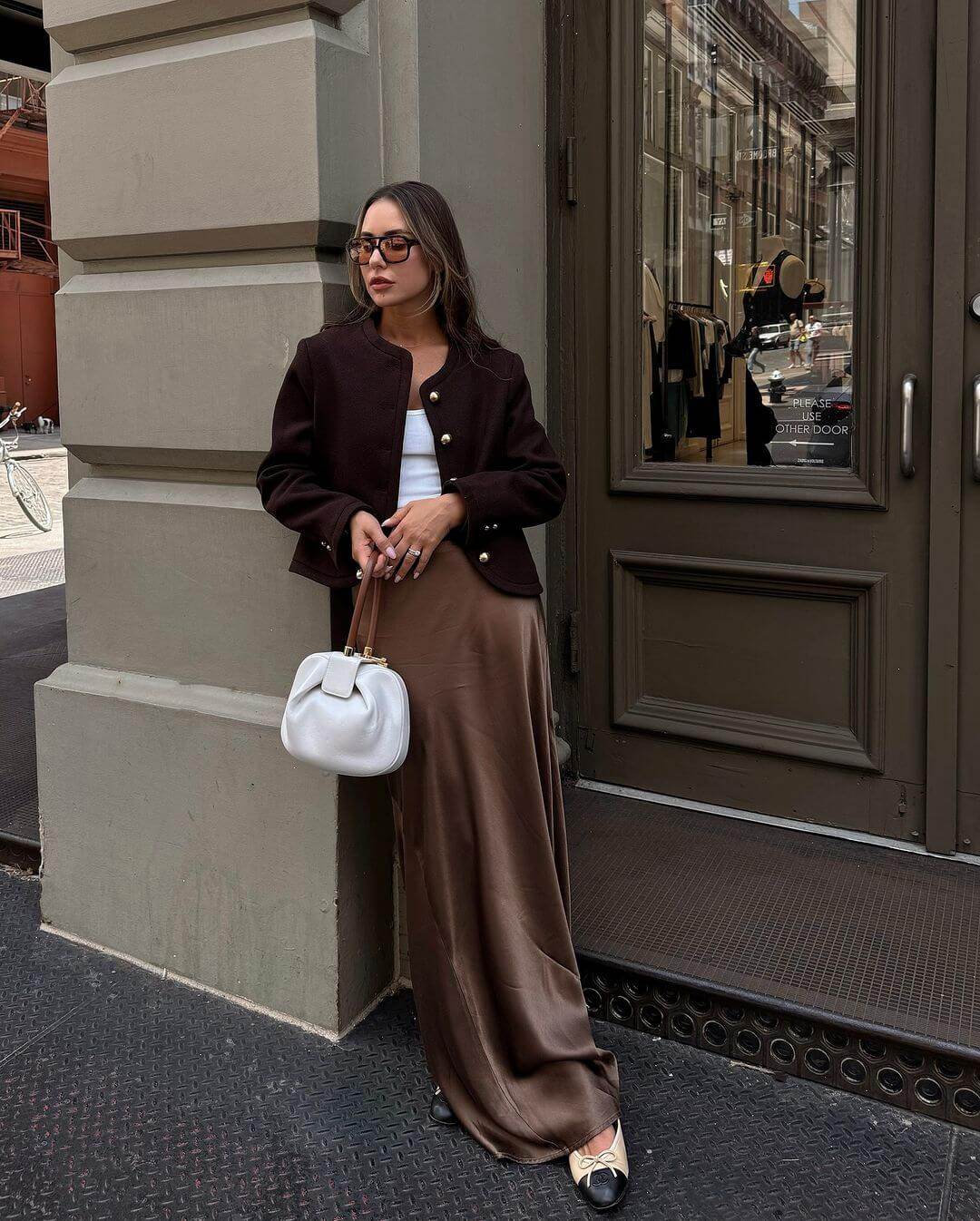 Brown jacket with satin skirt
