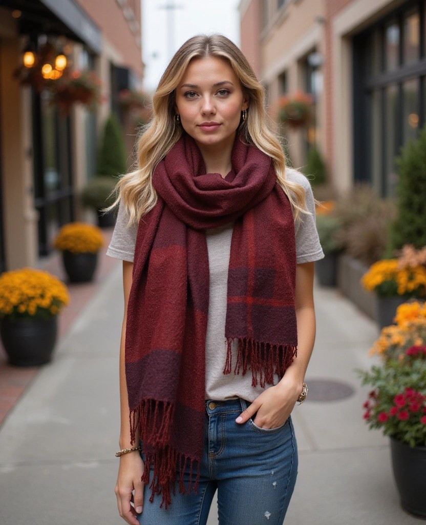 Plaid scarf with neutral outfit