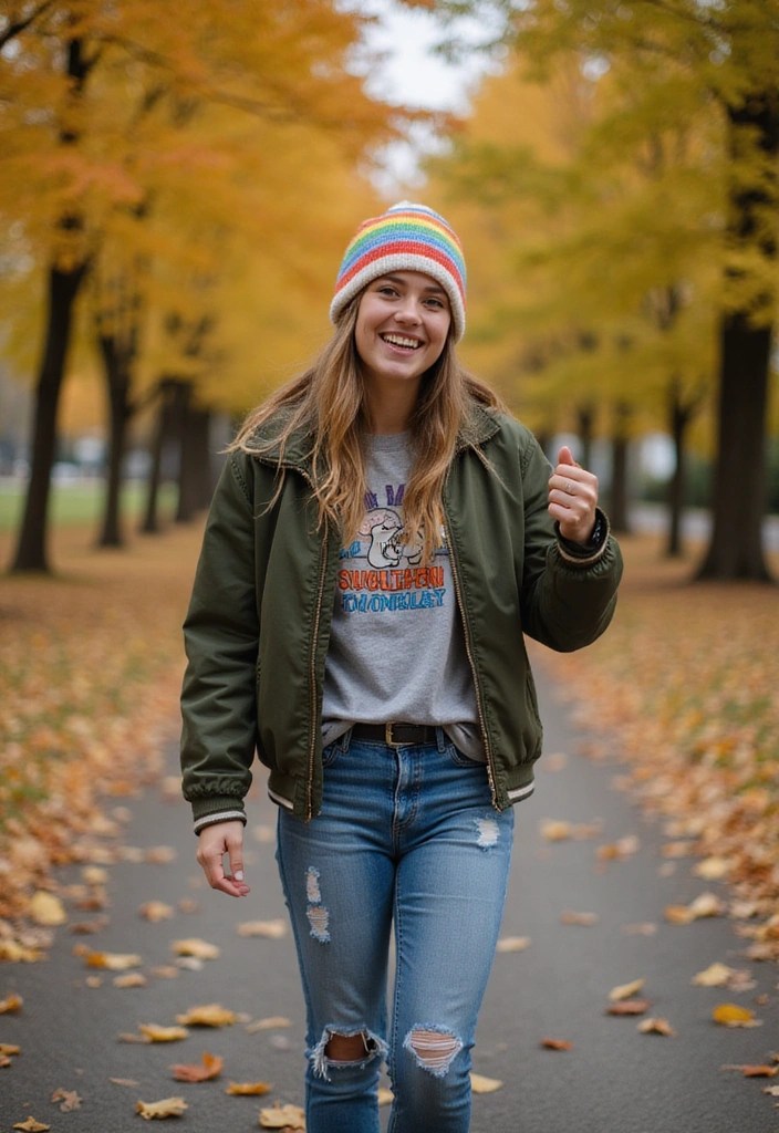 Green bomber with jeans and beanie