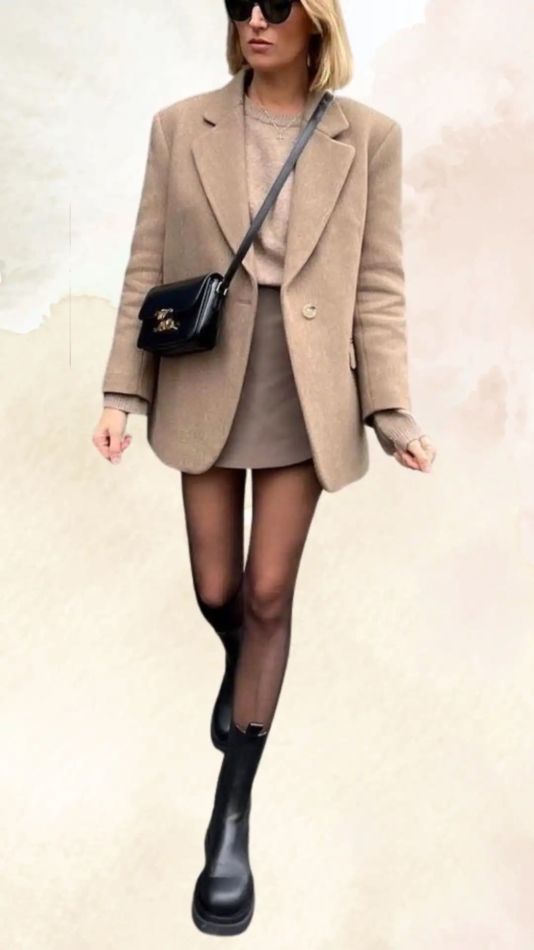 Camel blazer with mini skirt and boots