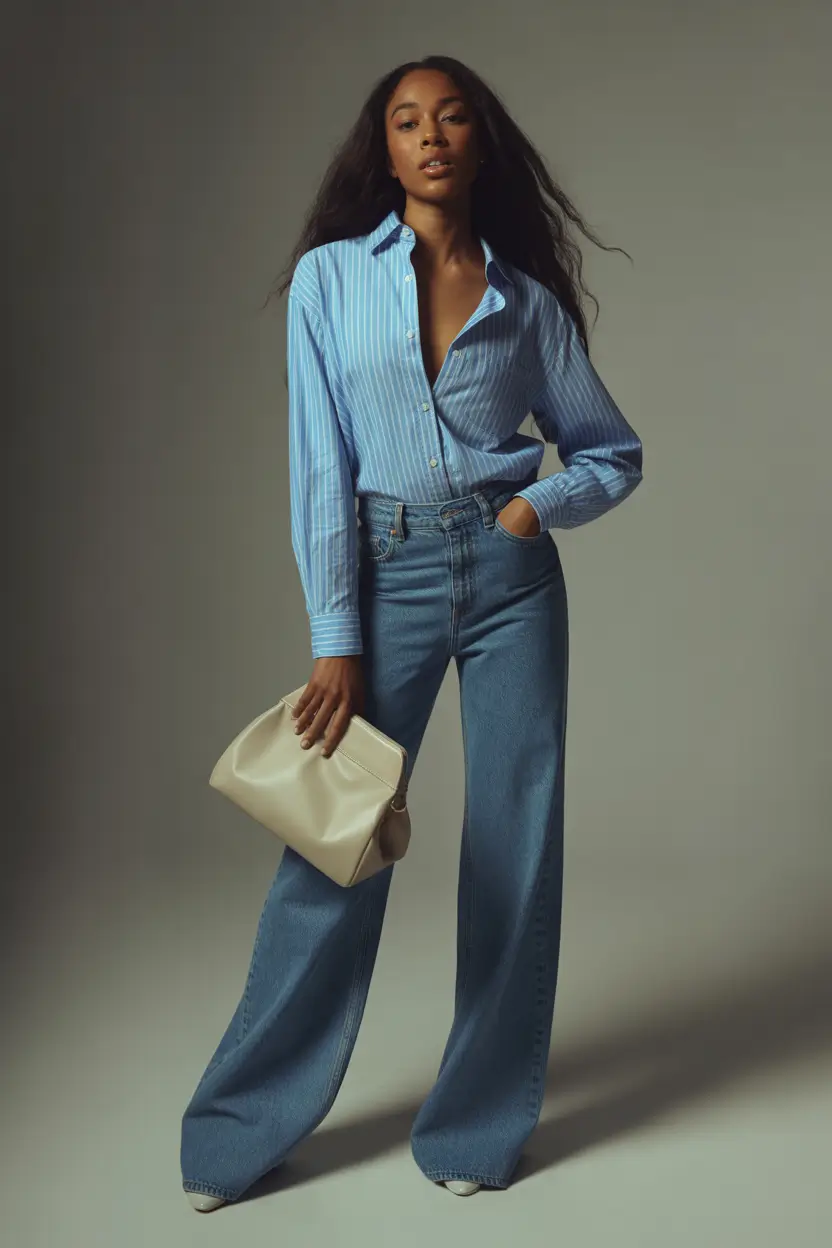 Blue shirt with wide-leg jeans