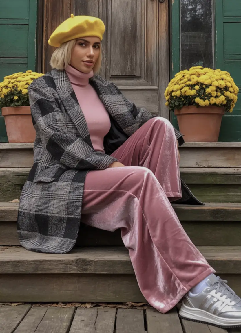Plaid coat with velvet pants