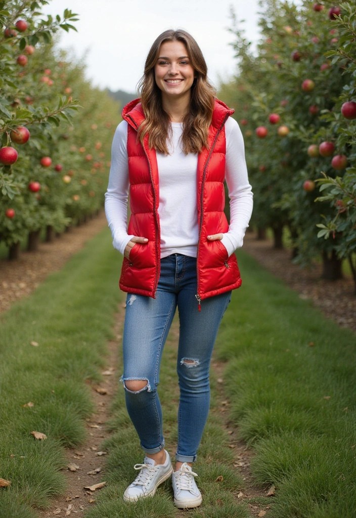 Red vest with jeans and sneakers