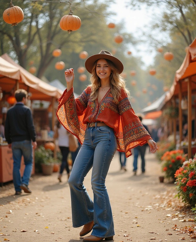 Boho top with flared jeans