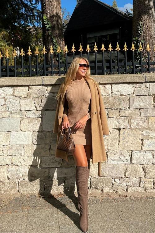 Camel coat with knit dress and boots