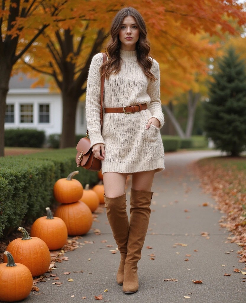 Knit dress with boots and belt