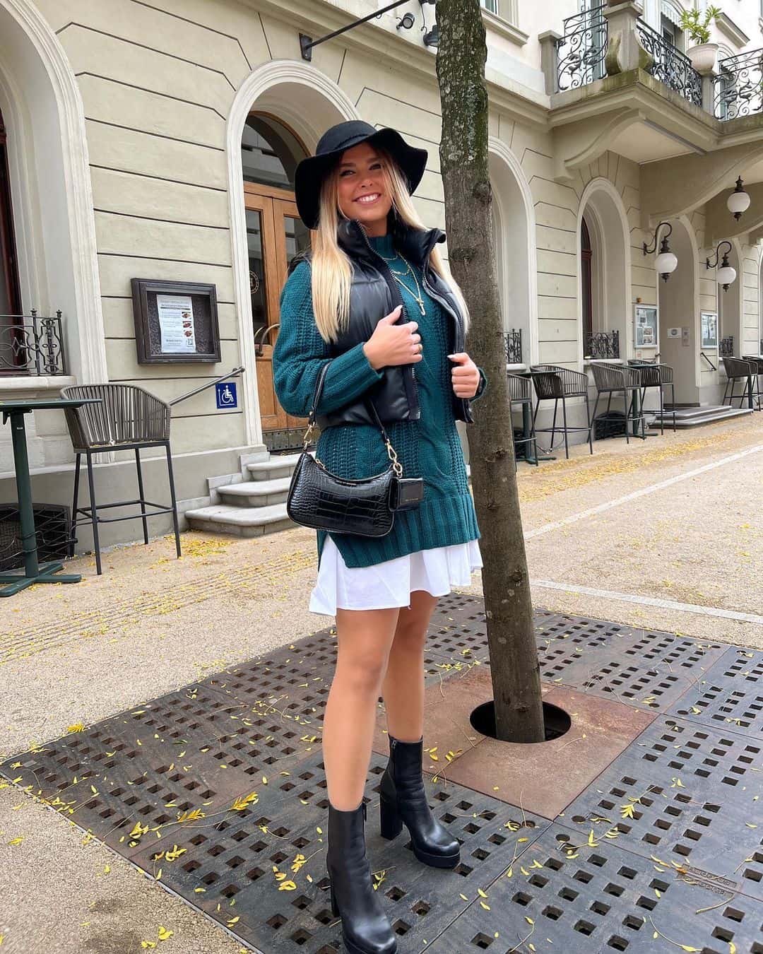 Layered knit dress with hat and boots