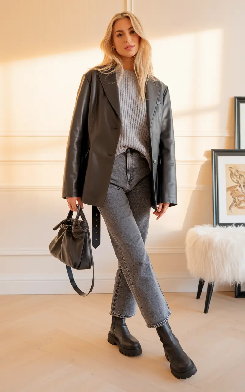 Leather blazer with grey jeans and boots