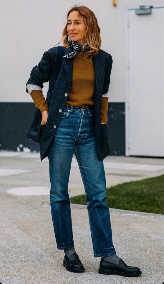 Striped blazer and jeans with loafers