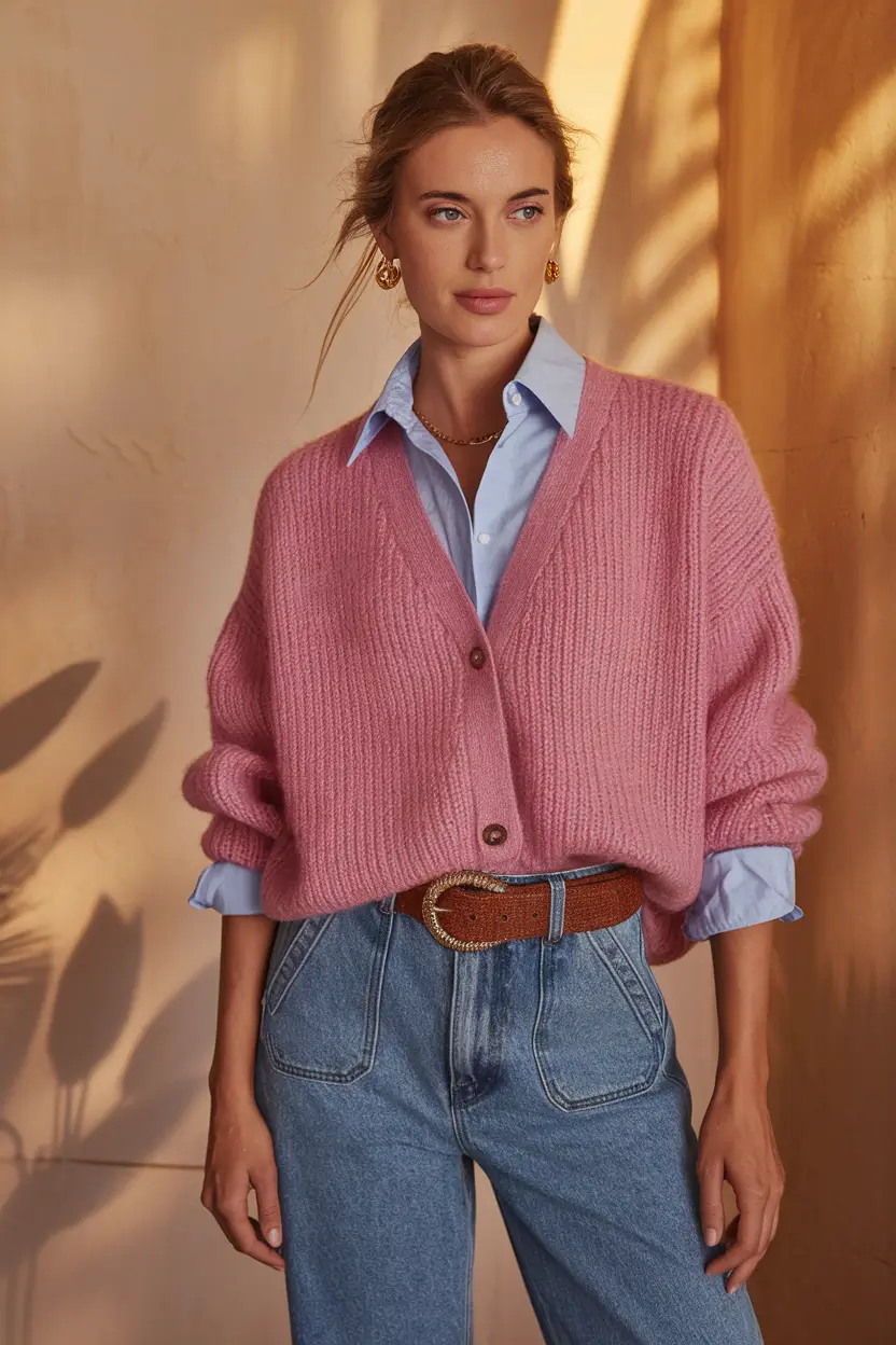 Pink cardigan with jeans and shirt