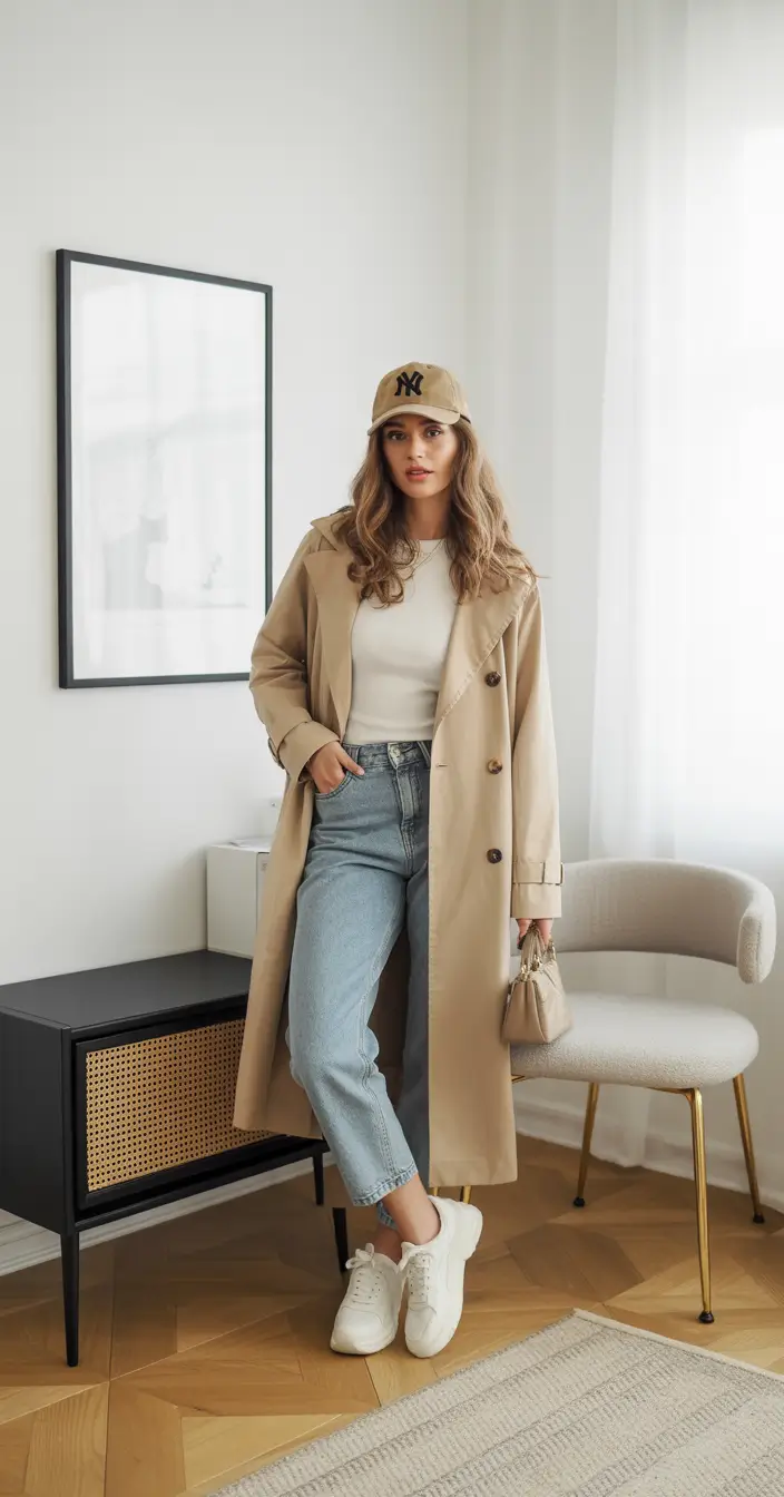 Classic trench with jeans and sneakers