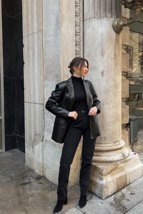 Leather blazer and black jeans with boots