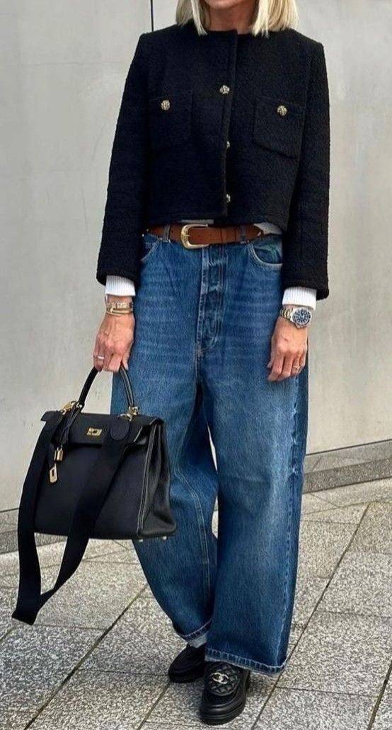 Boxy jacket with wide-leg jeans and loafers