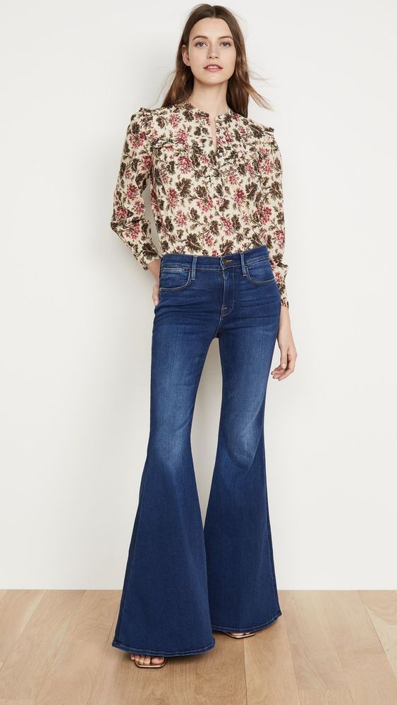 Floral blouse with flared jeans