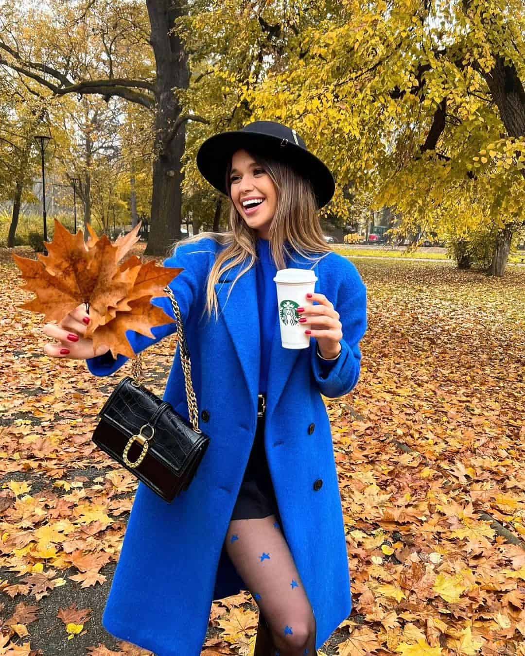 Bright blue coat with hat and mini skirt