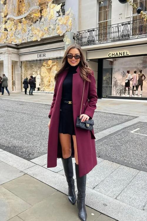 Wine coat with black outfit and boots