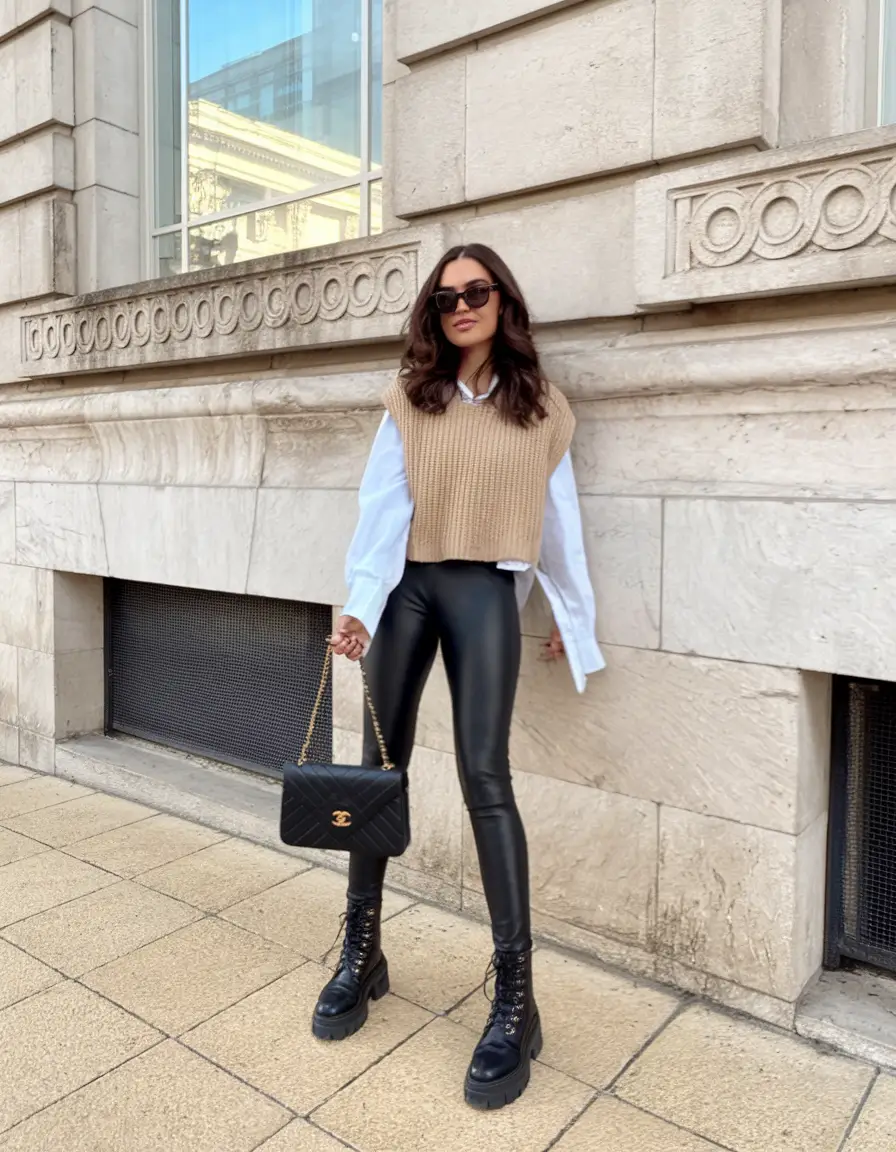 Leather leggings with sweater vest and boots