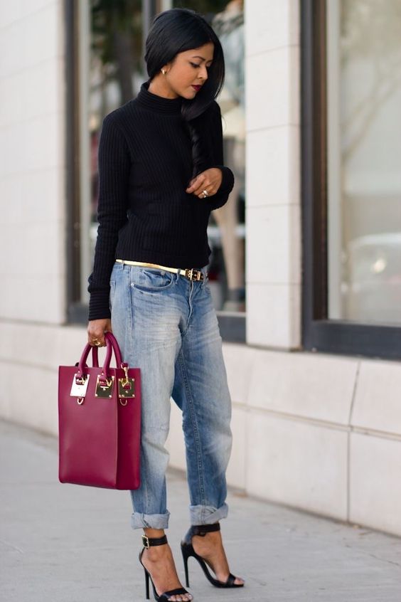 Black turtleneck with jeans and red bag