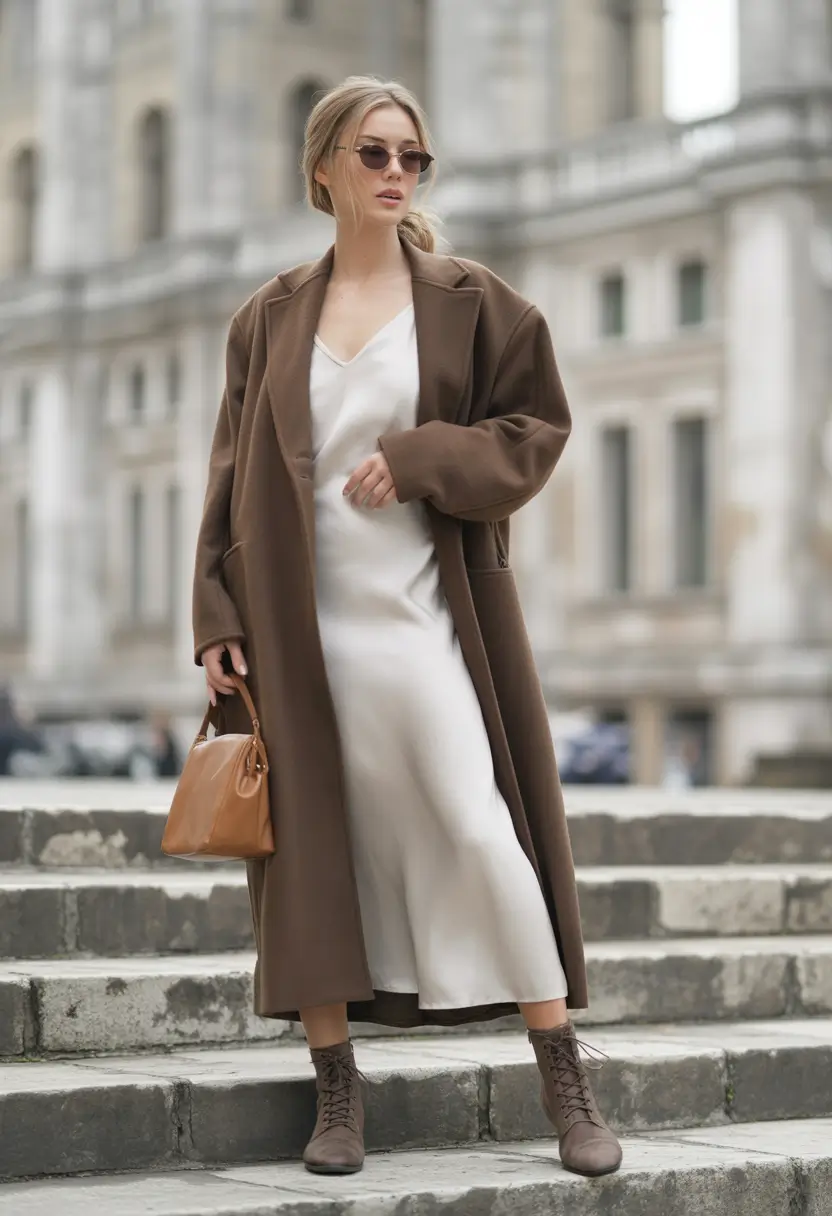 Silk dress with wool coat and boots