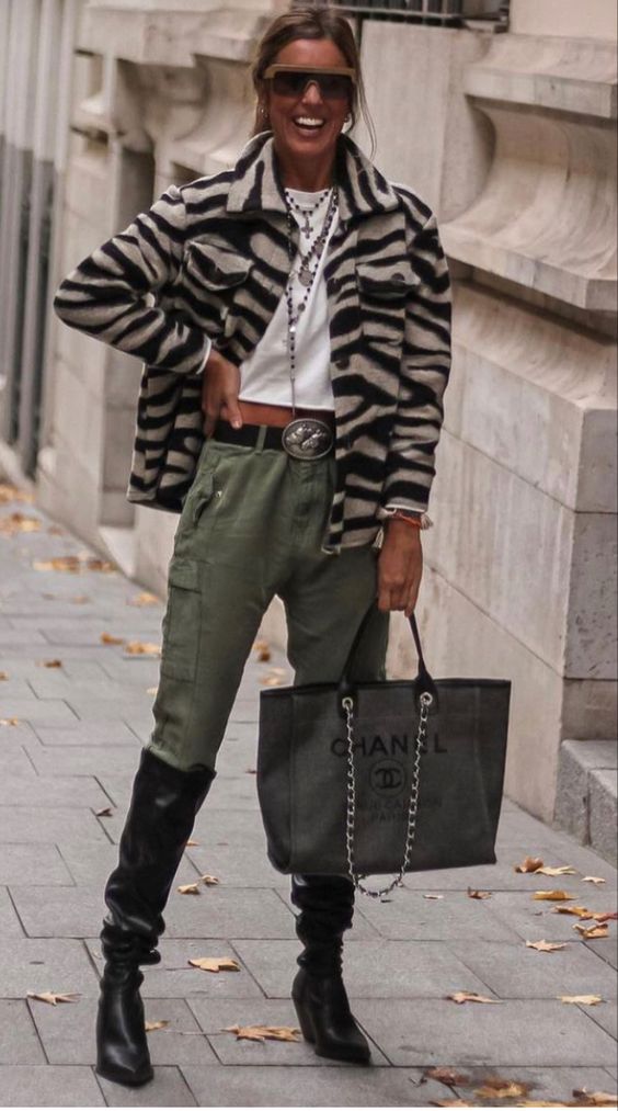 Patterned jacket with utility pants and boots