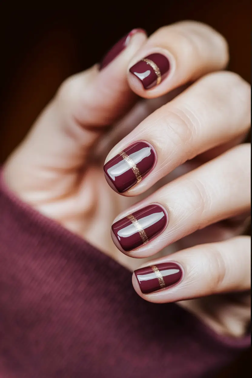 Deep burgundy square nails with elegant gold stripe accents, suitable for evening elegance and fall trends.