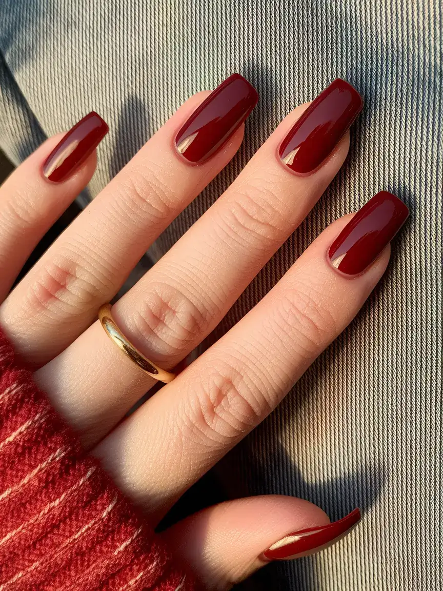 Bold red square nails with a high-gloss finish, perfect for classic elegance and striking impacts.