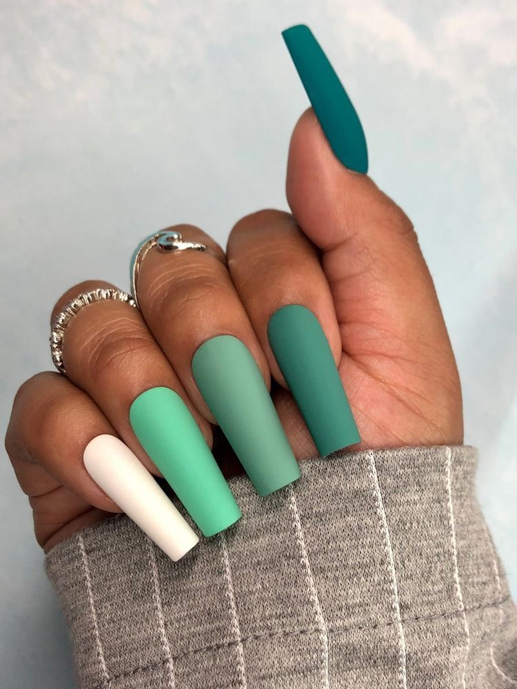 Matte teal gradient nails with square shape, perfect for stylish and bold statements.