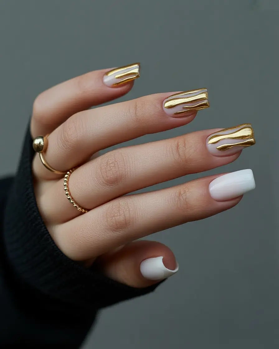 White square nails with gold wave accents, ideal for modern glam and chic styles.